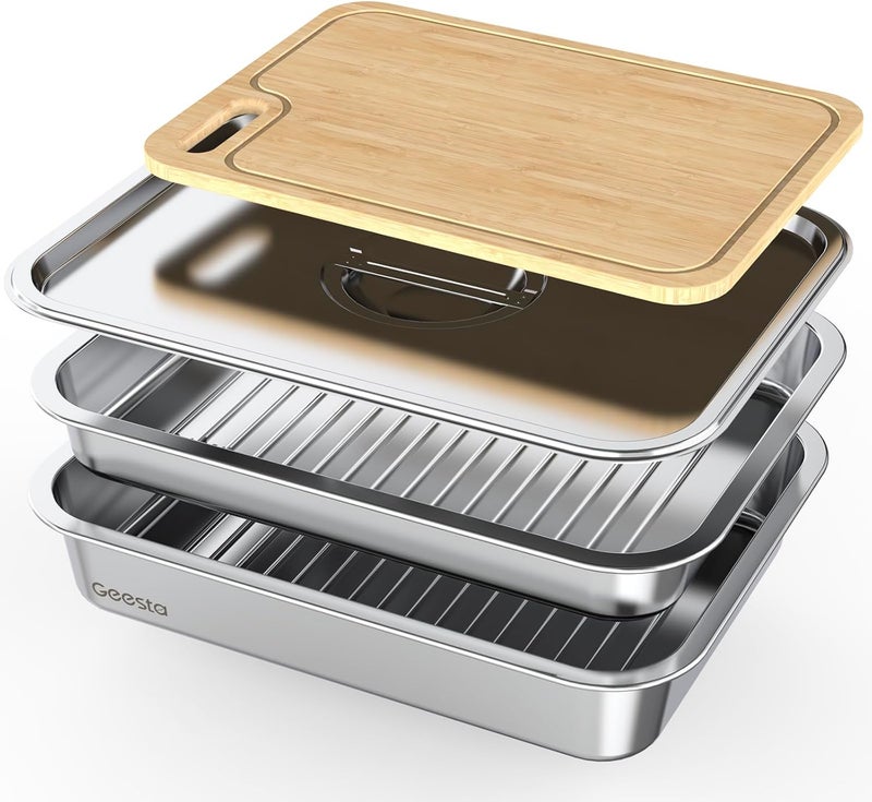 Geesta Grilling Prep and Serve Tays, Stainless Steel Large Capacity Food Prep Tray, Grill Carry System, Marinade Container with Lid and Cutting Board,BBQ Grill Accessories, Grilling Gifts for Men - Image 1